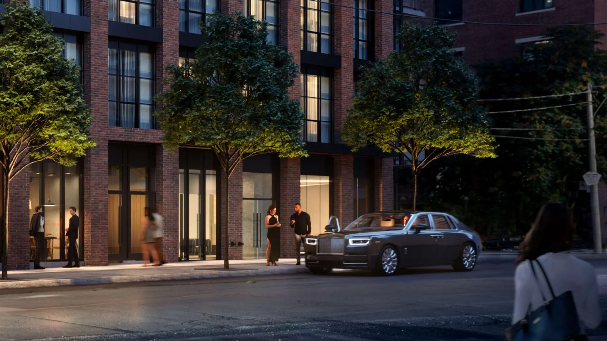 Rendering of the Rolls-Royce waiting at the Allure entrance on King Street East at dusk
