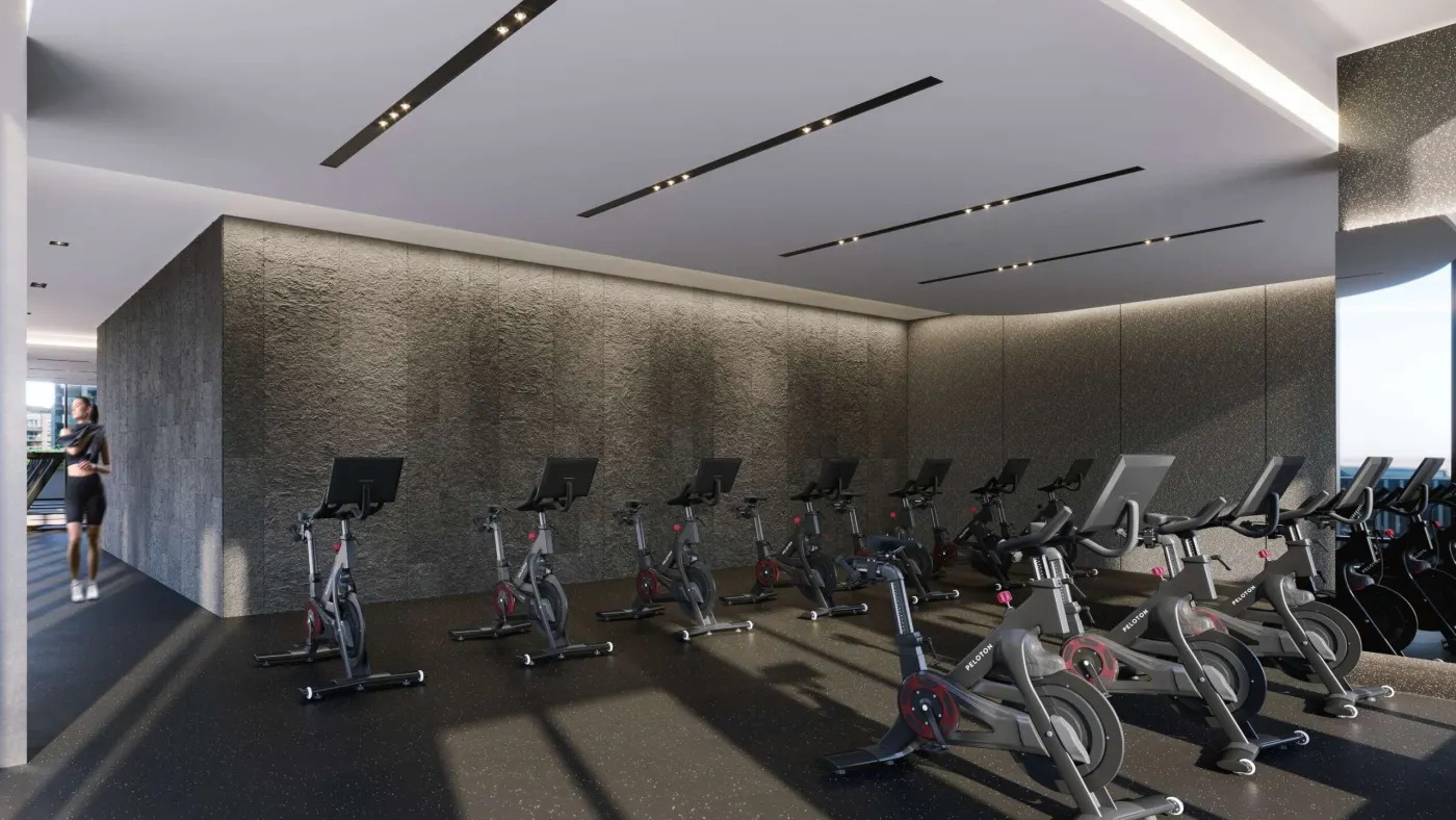 Rendering of the cycle studio with a row of stationary bikes