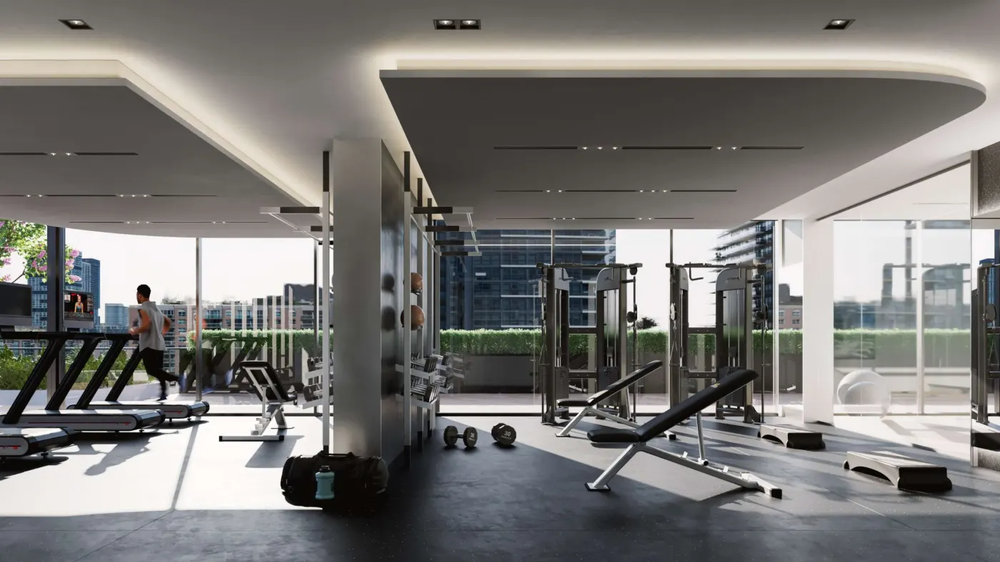 Rendering of the fitness centre with free weights and cardio machines