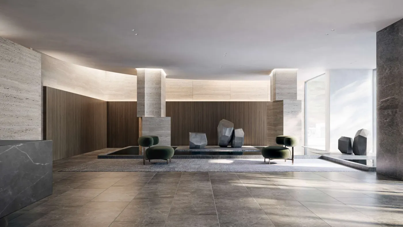 Rendering of the lobby lounge with sculptural seating