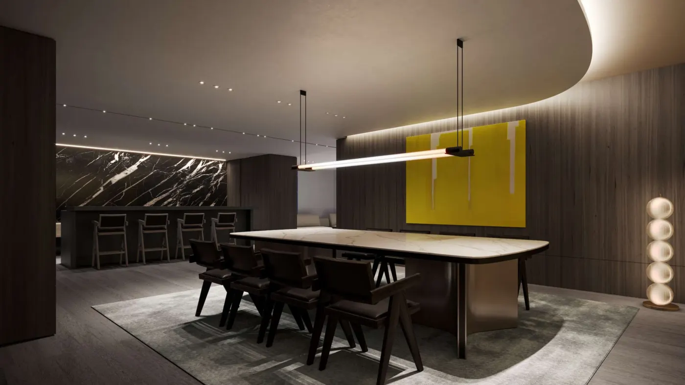Rendering of the social lounge private dining table under a linear pendant